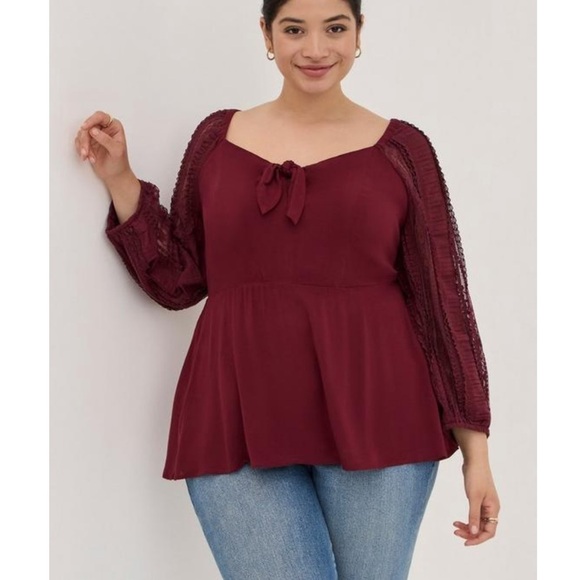 Torrid Peplum Rayon Crepe Embroidered Sleeve Top - Picture 1 of 12